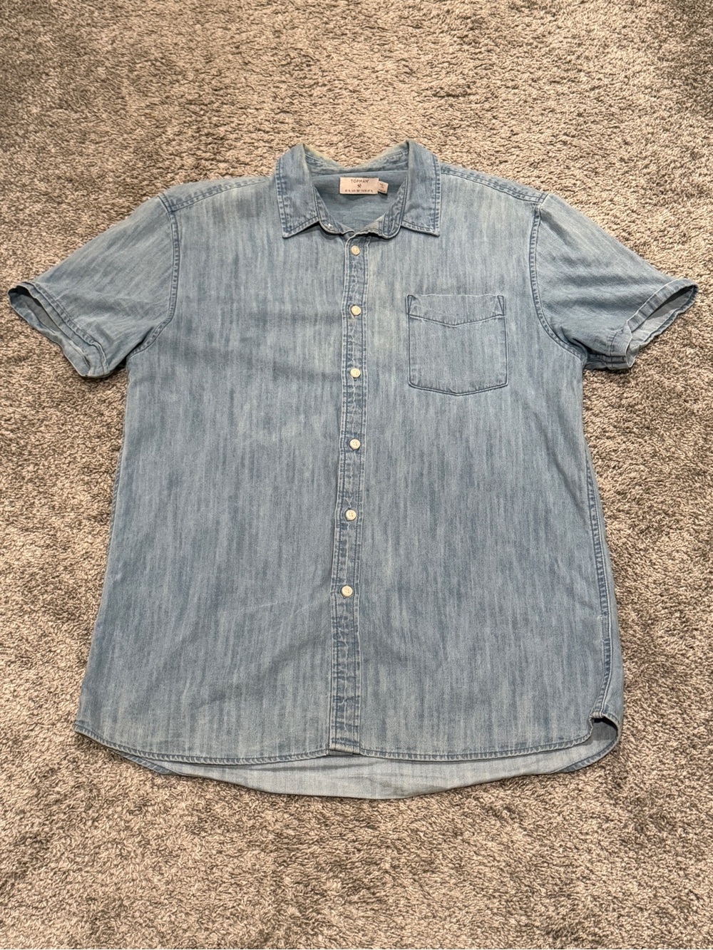 TOPMAN Light Blue Denim Short-Sleeve Shirt - Casual Button-Up Size XL